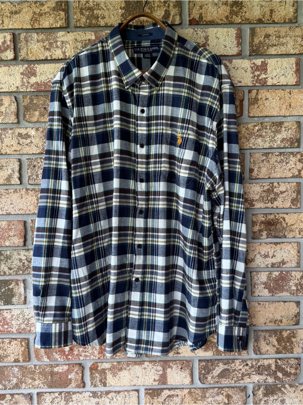 Men’s U.S. Polo Long Sleeve Yarn-Dye Stretch Peached Twill Woven Shirt. Size XXL